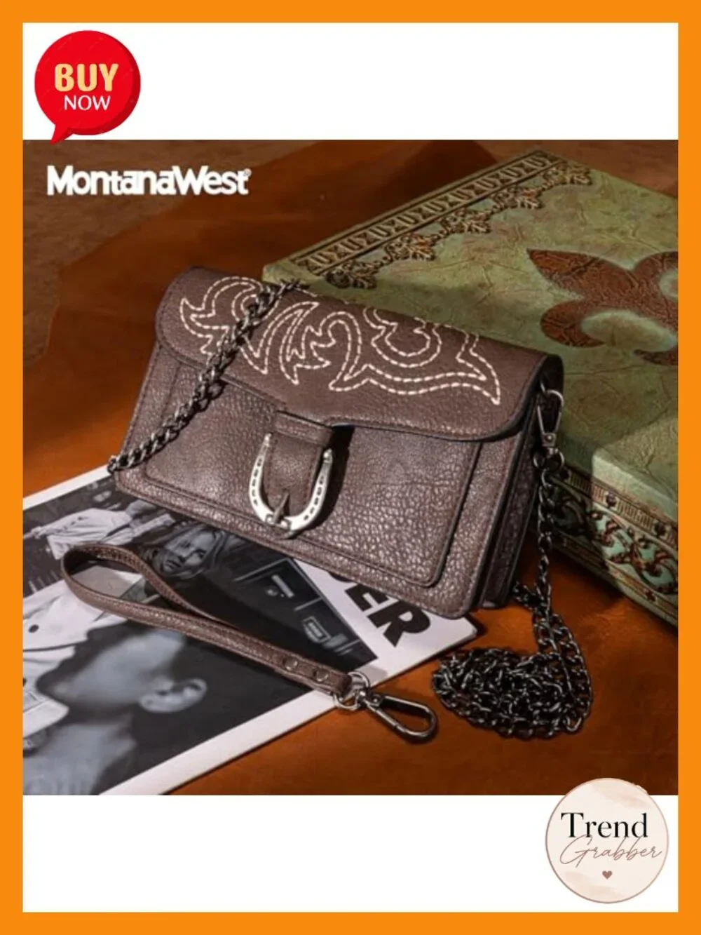 Small Faux Leather Crossbody Purse with Chain Strap - Western Clutch Handbag